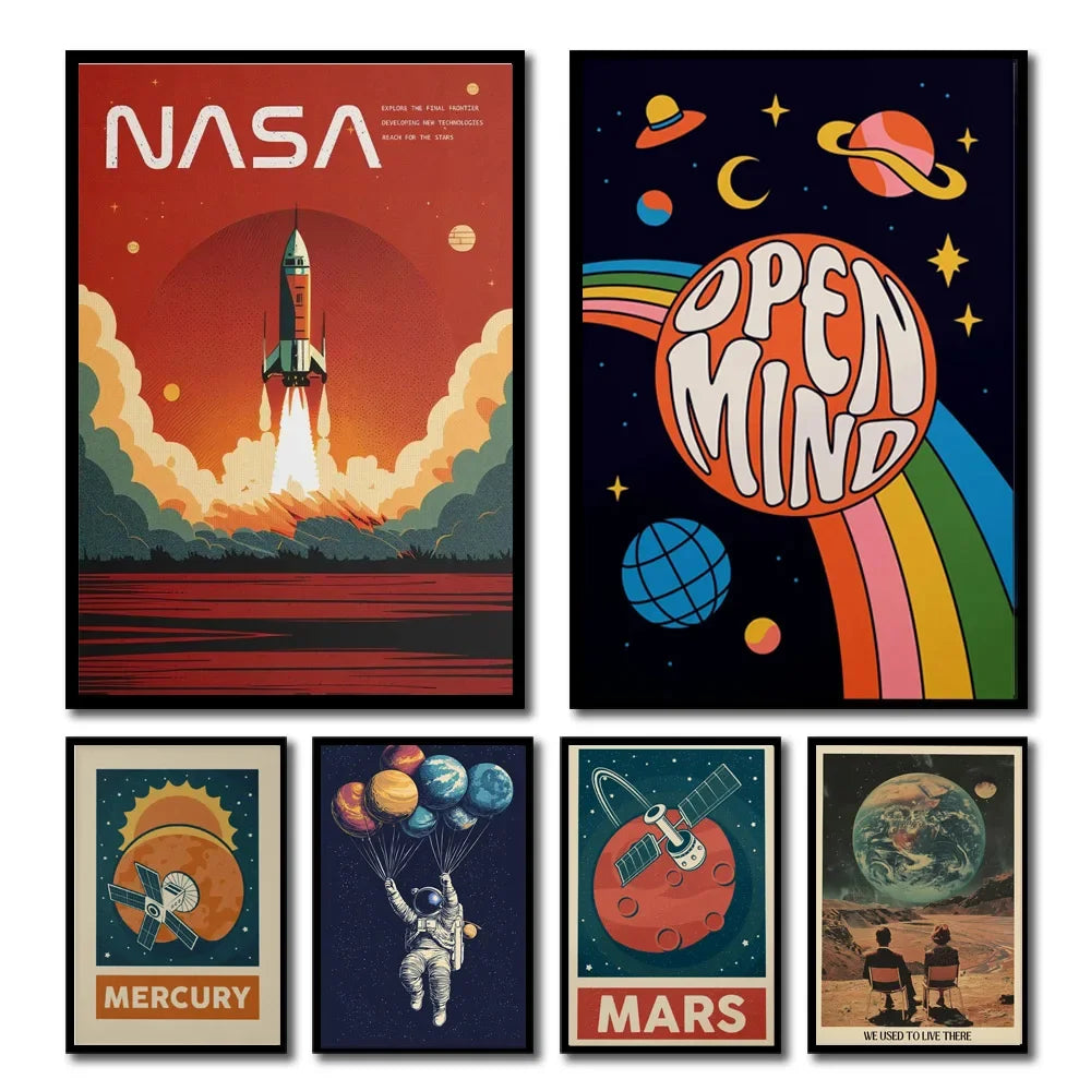 Retro Solar System Canvas Wall Art | Astronaut & Moon