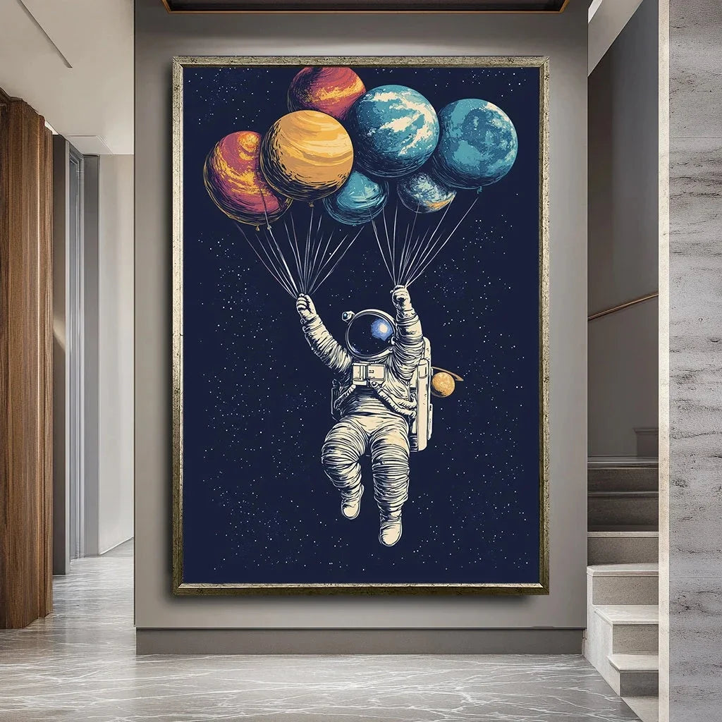 Retro Solar System Canvas Wall Art | Astronaut & Moon