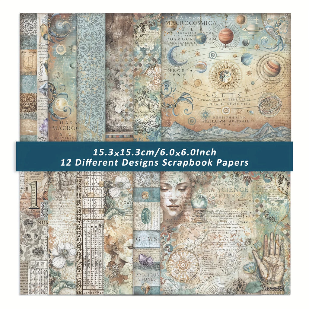 Retro Astronomy Scrapbook Paper 12 Piece Set | Junk Journal & Adventure Book Supplies