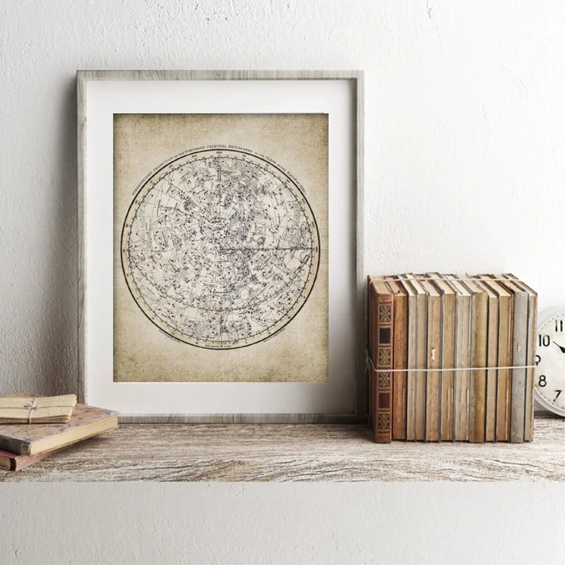 Antique Celestial Map Poster | Vintage 1822 Astronomy Drawing Canvas Painting | Retro Constellation Wall Art for Study & Living Room