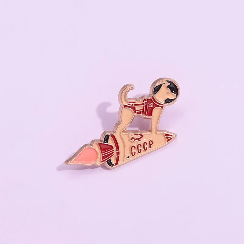 Astronaut Laika & Space Rocket Pin | Custom Metal Brooch for Space Lovers