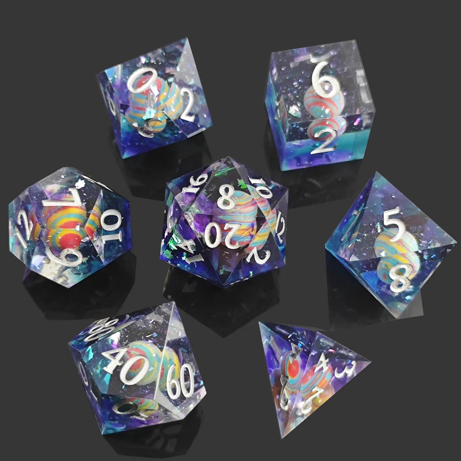 Celestial Voyager 7-Piece Polyhedral Dice Set | Unique Planet Pattern Resin Dice