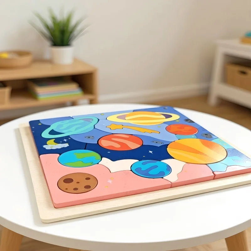 Wooden Solar System Puzzle | Montessori Astronomy Learning Toy | Earth & Sun Planet Cognition Board for Kids (Ages 3-12)