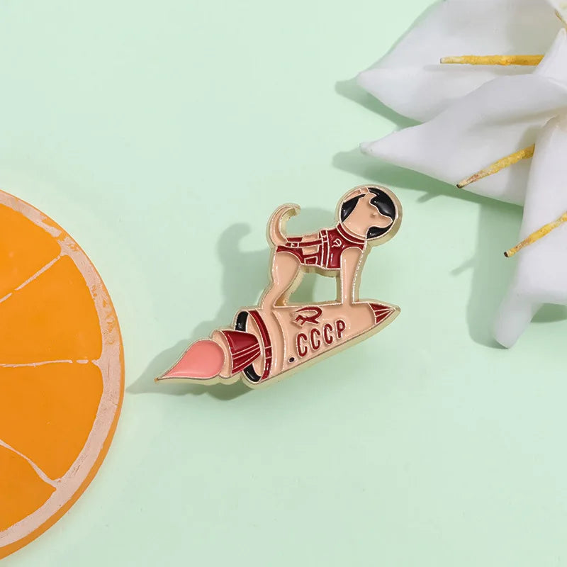 Astronaut Laika & Space Rocket Pin | Custom Metal Brooch for Space Lovers