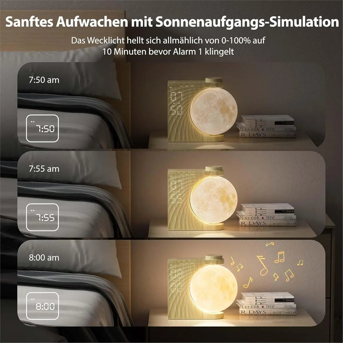 Rotating Lunar Alarm Clock | Wood Grain 8-Color RGB Moon Night Light