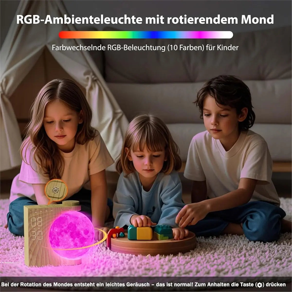 Rotating Lunar Alarm Clock | Wood Grain 8-Color RGB Moon Night Light