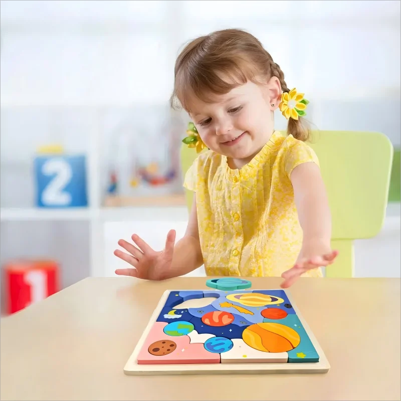Wooden Solar System Puzzle | Montessori Astronomy Learning Toy | Earth & Sun Planet Cognition Board for Kids (Ages 3-12)