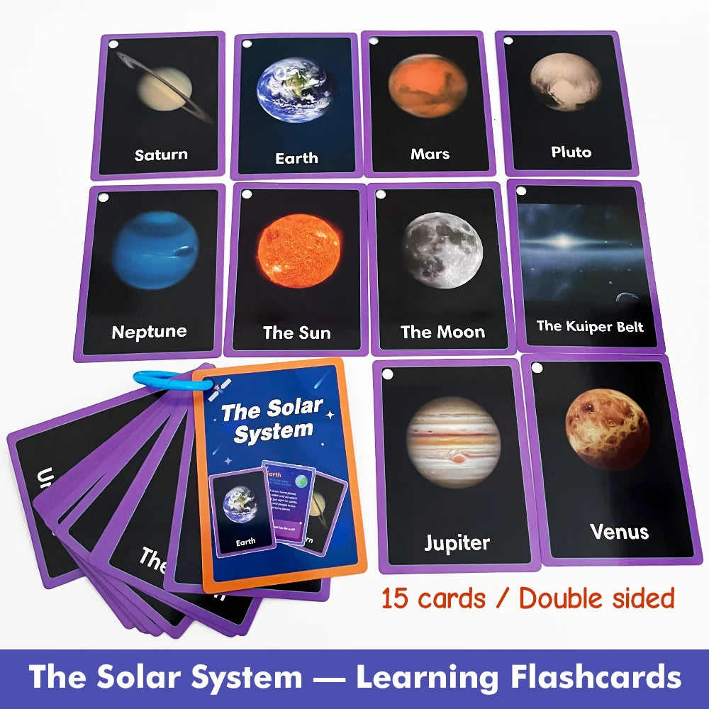 Little Astronomer’s 15-Piece Solar System Flashcard Set | Double-Sided English Learning Cards