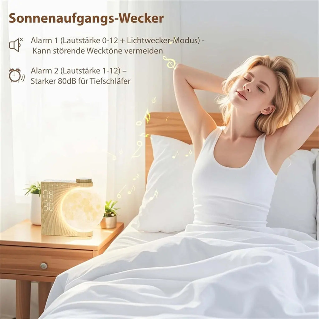 Rotating Lunar Alarm Clock | Wood Grain 8-Color RGB Moon Night Light