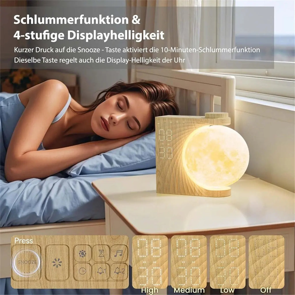 Rotating Lunar Alarm Clock | Wood Grain 8-Color RGB Moon Night Light