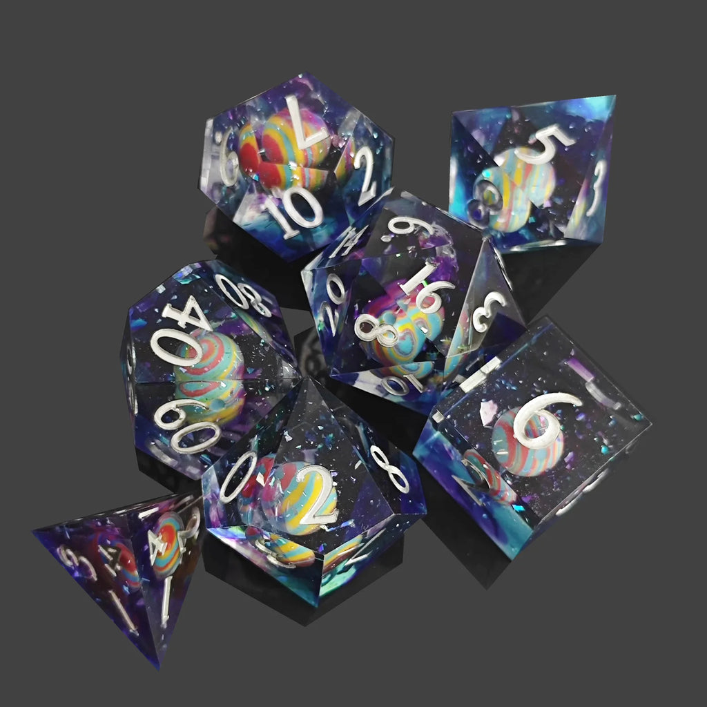 Celestial Voyager 7-Piece Polyhedral Dice Set | Unique Planet Pattern Resin Dice