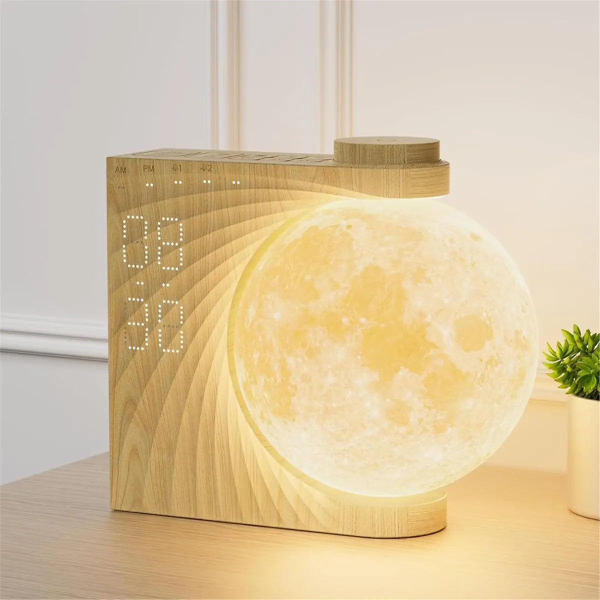 Rotating Lunar Alarm Clock | Wood Grain 8-Color RGB Moon Night Light