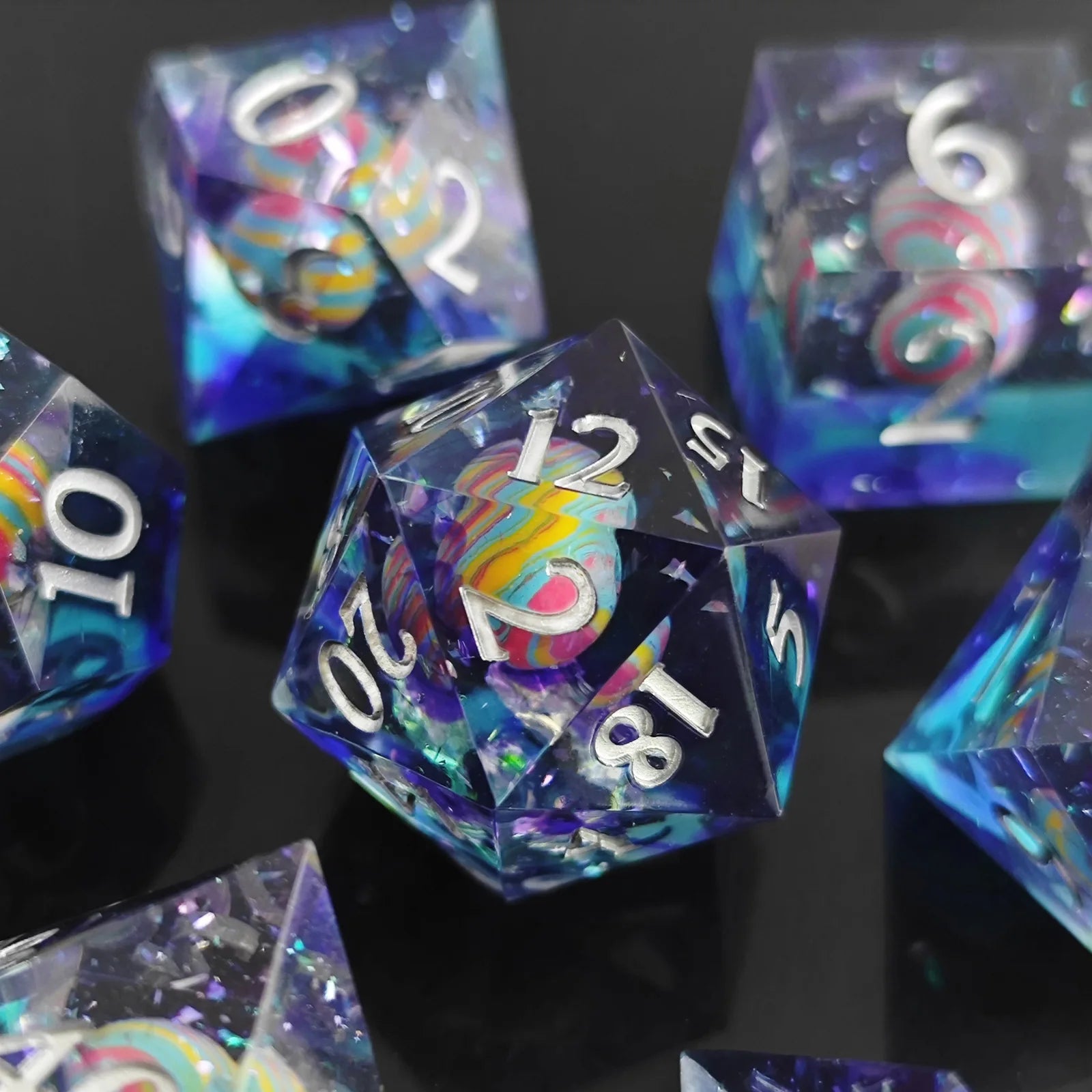 Celestial Voyager 7-Piece Polyhedral Dice Set | Unique Planet Pattern Resin Dice