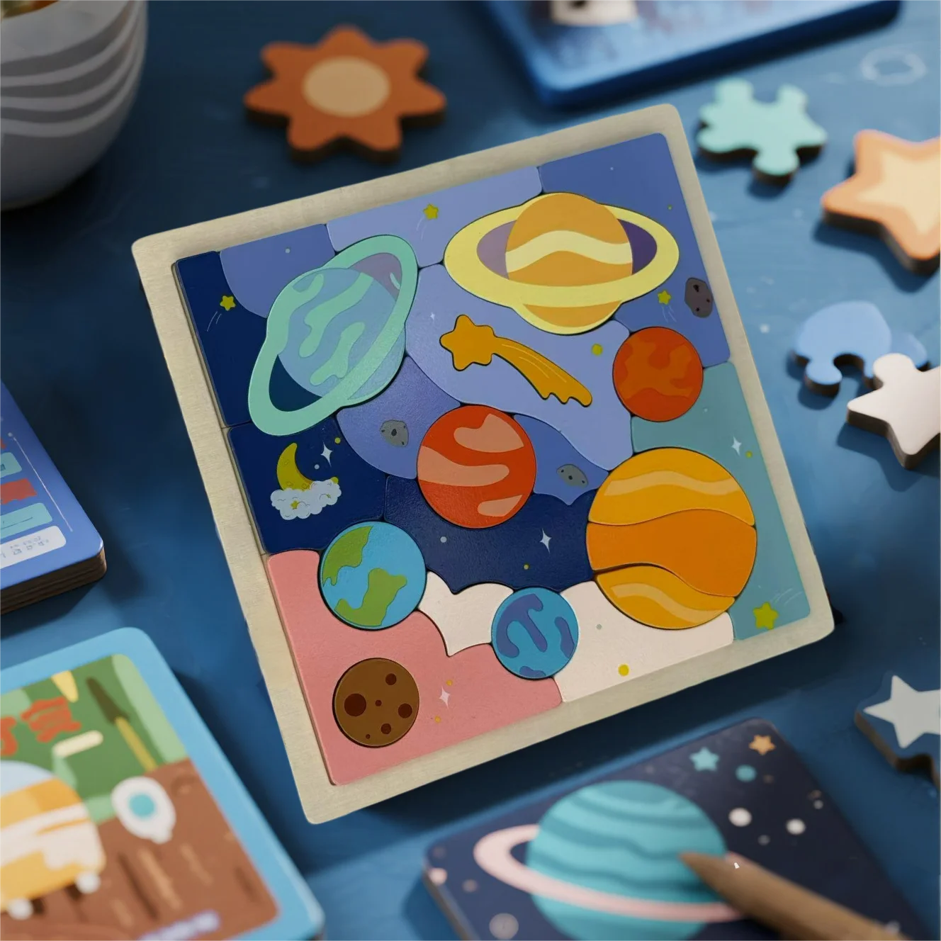 Wooden Solar System Puzzle | Montessori Astronomy Learning Toy | Earth & Sun Planet Cognition Board for Kids (Ages 3-12)