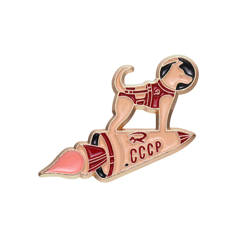 Astronaut Laika & Space Rocket Pin | Custom Metal Brooch for Space Lovers