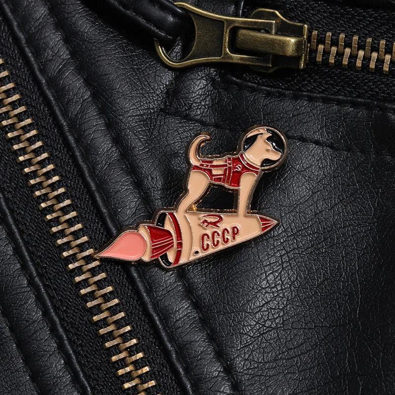 Astronaut Laika & Space Rocket Pin | Custom Metal Brooch for Space Lovers