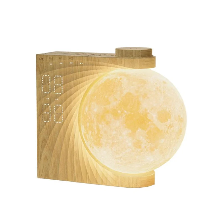 Rotating Lunar Alarm Clock | Wood Grain 8-Color RGB Moon Night Light