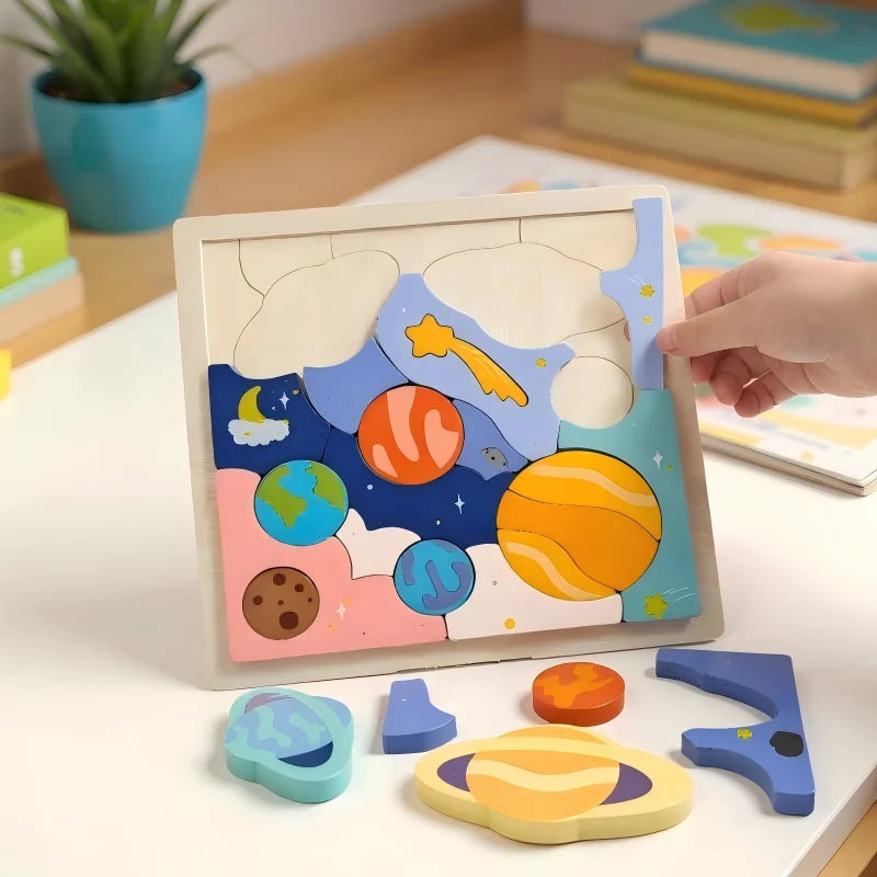 Wooden Solar System Puzzle | Montessori Astronomy Learning Toy | Earth & Sun Planet Cognition Board for Kids (Ages 3-12)