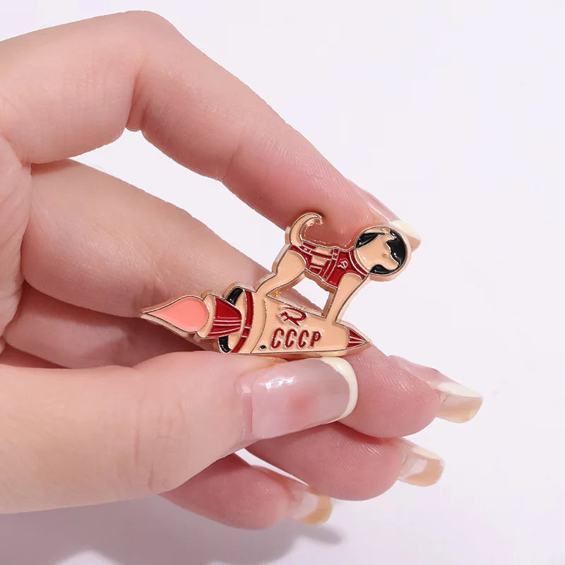 Astronaut Laika & Space Rocket Pin | Custom Metal Brooch for Space Lovers