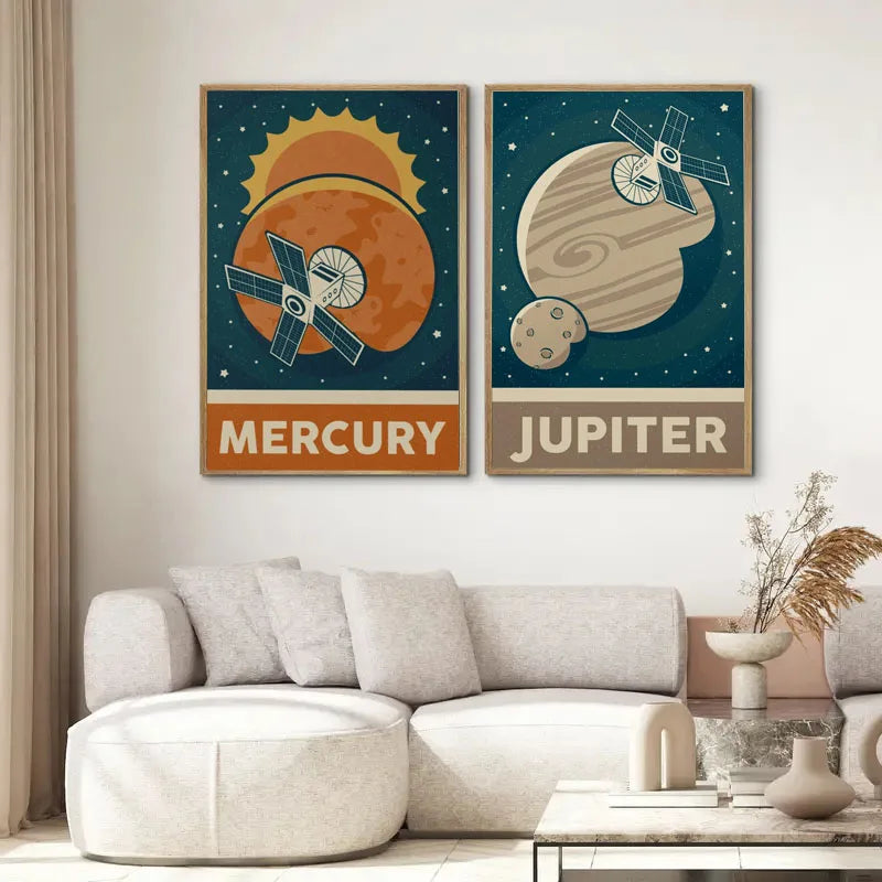Retro Solar System Canvas Wall Art | Astronaut & Moon
