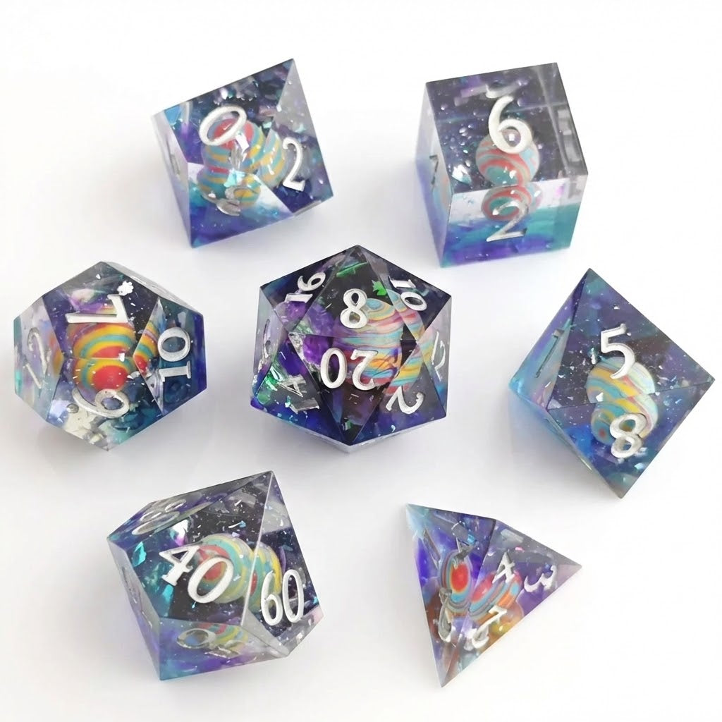 Celestial Voyager 7-Piece Polyhedral Dice Set | Unique Planet Pattern Resin Dice
